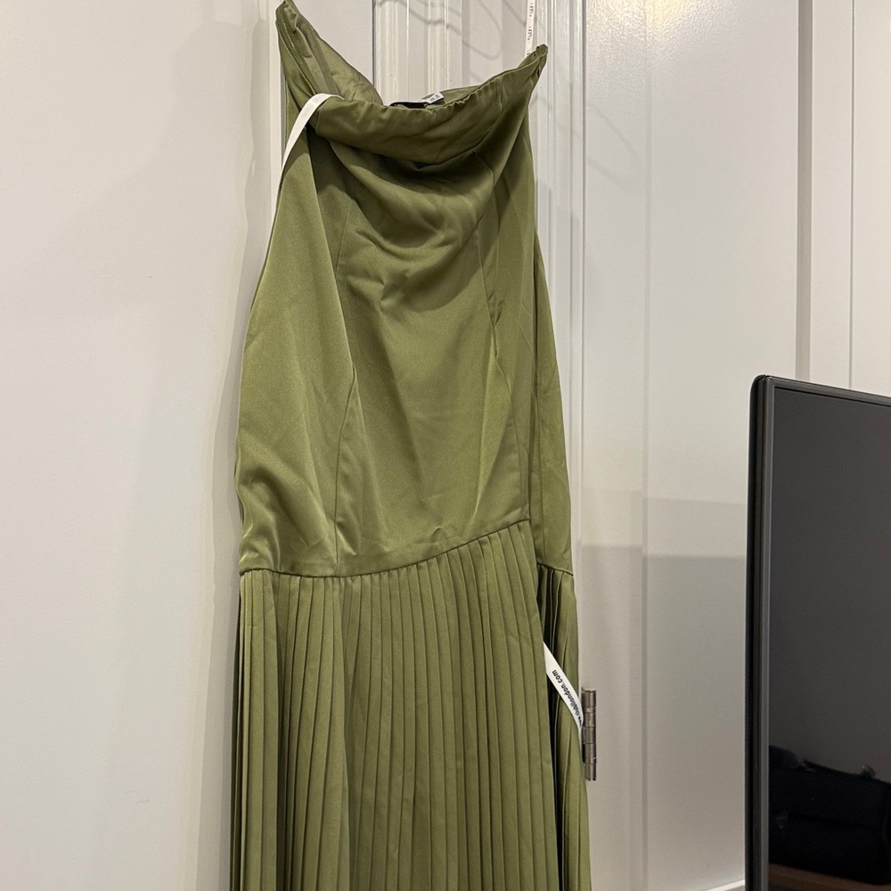 Olive Satin Bandeau pleated split maxi dress